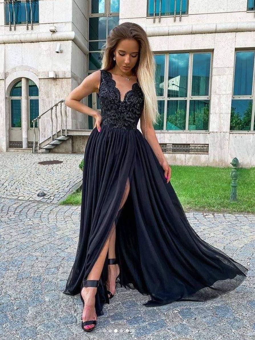 Black v neck chiffon  lace long prom dress, black evening dress - RongMoon