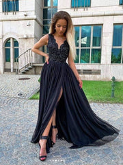 Black v neck chiffon  lace long prom dress, black evening dress - RongMoon