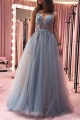 Gray v neck tulle lace long prom dress gray tulle formal dress - RongMoon