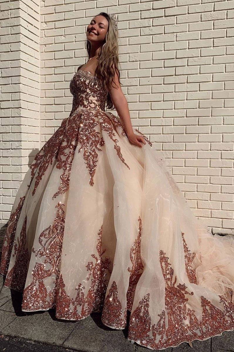 Champagne sweetheart tulle sequin long prom gown evening dress - RongMoon