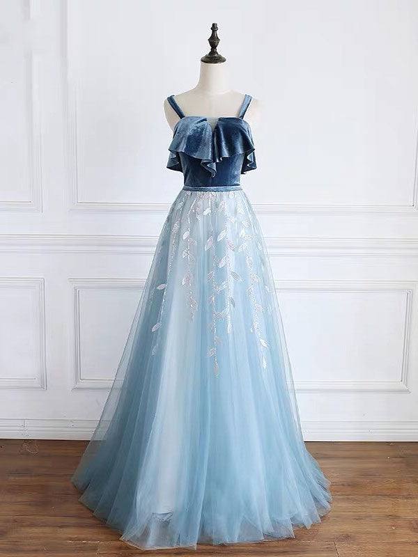 Blue tulle lace long prom dress, blue tulle formal dress - RongMoon