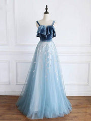 Blue tulle lace long prom dress, blue tulle formal dress - RongMoon