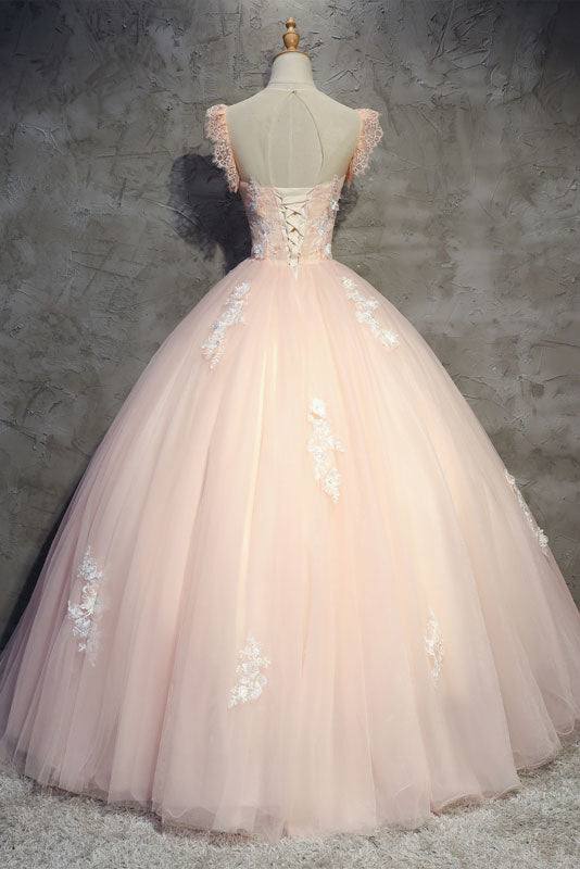 Pink tulle lace long prom dress pink tulle lace evening dress - RongMoon