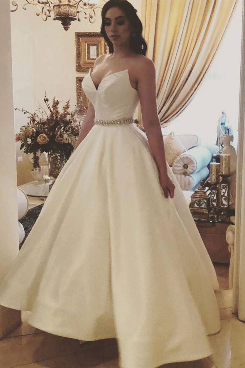 White sweetheart satin tea Length prom dress, bridesmaid dress - RongMoon