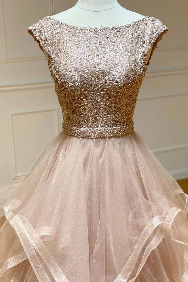 Champagne round neck tulle lace long prom dress evening dress - RongMoon