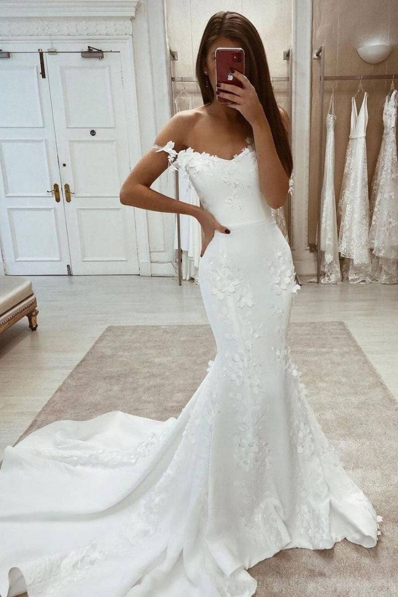 White sweetheart satin lace applique mermaid long prom dress - RongMoon