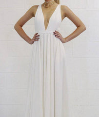 White v neck backless long prom dress, white evening dress - RongMoon