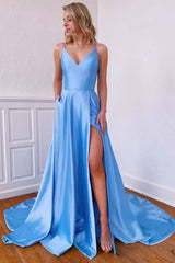 Simple blue v neck satin long prom dress blue formal dress - RongMoon