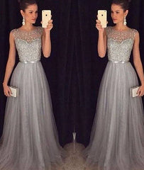 A-line round neck tulle sequin long prom dress for teens, unique evening dress - RongMoon