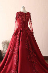 Burgundy round neck lace long prom dress burgundy evening dress - RongMoon