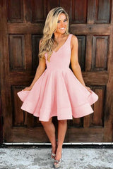 Simple v neck pink short prom dress, pink homecoming dress - RongMoon