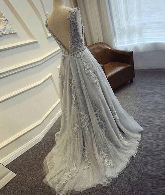A-line round neck tulle lace long gray prom dress, bridesmaid dress - RongMoon