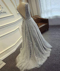 A-line round neck tulle lace long gray prom dress, bridesmaid dress - RongMoon