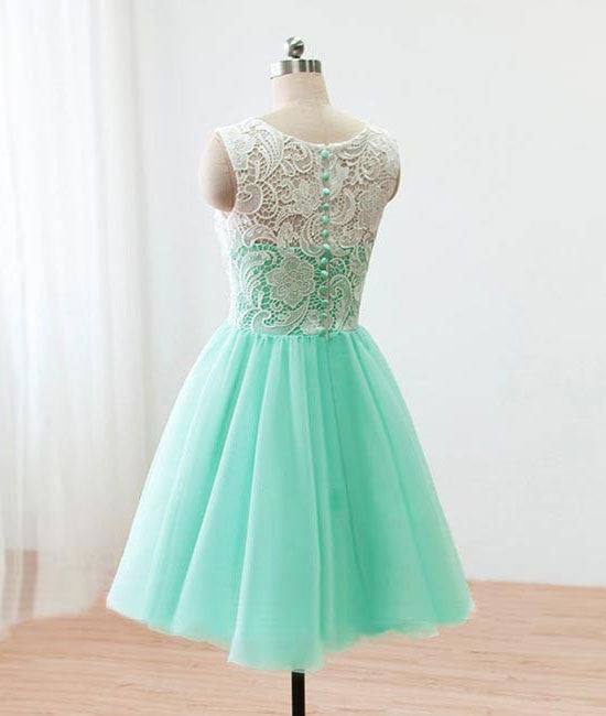 Cute Round neck lace tulle short green prom dress, bridesmaid dress - RongMoon