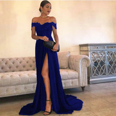 Sexy Leg Slit Long Satin Sweetheart Prom Dresses Lace Off The Shoulder Evening Gowns