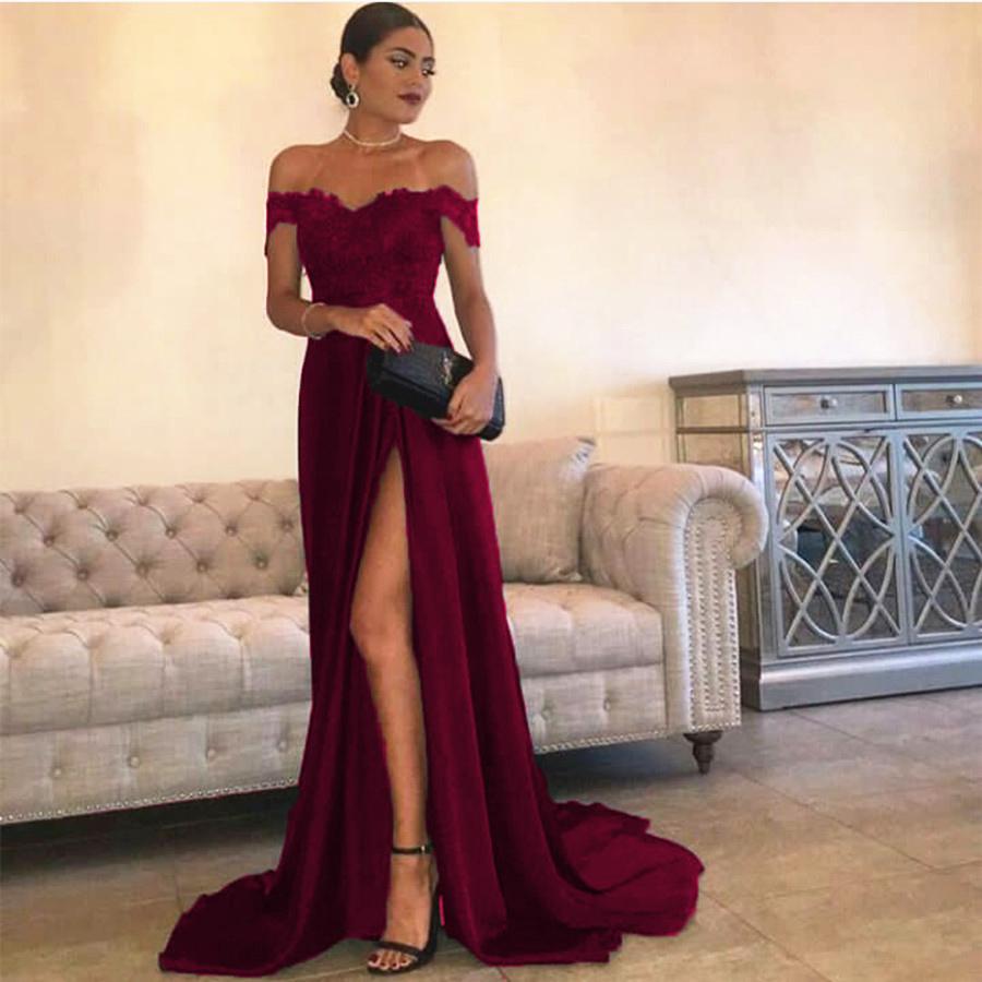 Sexy Leg Slit Long Satin Sweetheart Prom Dresses Lace Off The Shoulder Evening Gowns