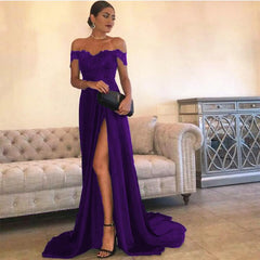 Sexy Leg Slit Long Satin Sweetheart Prom Dresses Lace Off The Shoulder Evening Gowns