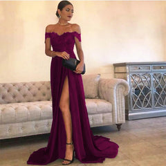 Sexy Leg Slit Long Satin Sweetheart Prom Dresses Lace Off The Shoulder Evening Gowns