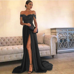 Sexy Leg Slit Long Satin Sweetheart Prom Dresses Lace Off The Shoulder Evening Gowns