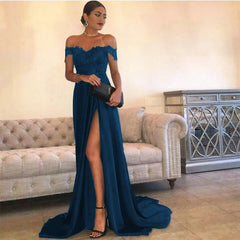 Sexy Leg Slit Long Satin Sweetheart Prom Dresses Lace Off The Shoulder Evening Gowns