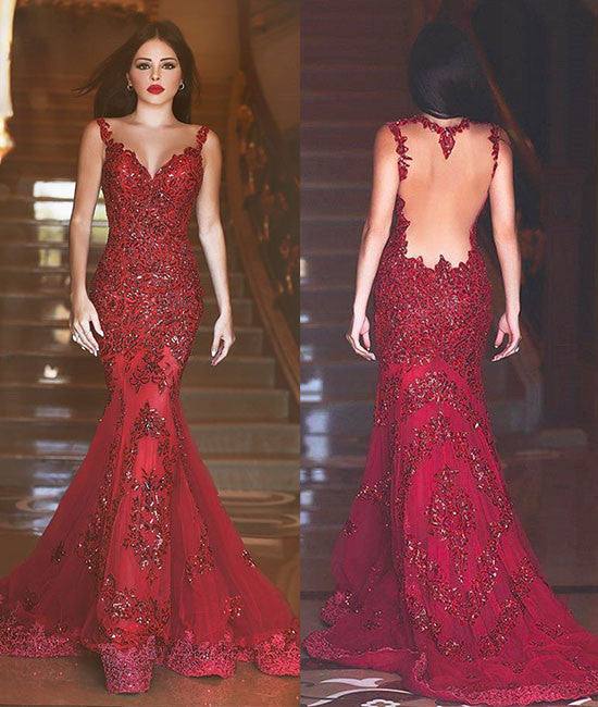 Red lace sequin long mermaid long prom dress, formal dress - RongMoon
