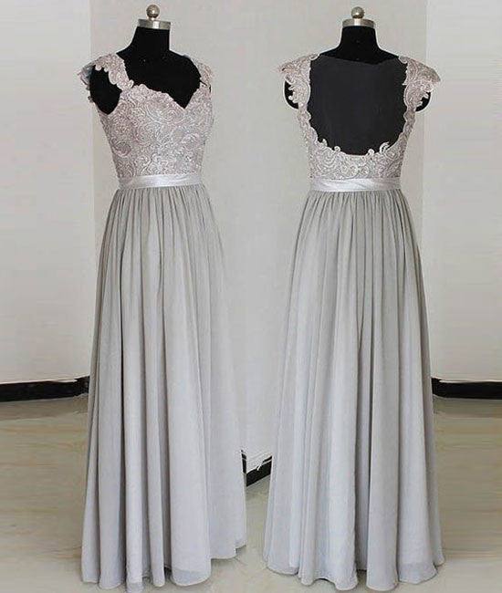 A-line gray long prom dress, gray lace bridesmaid dress - RongMoon