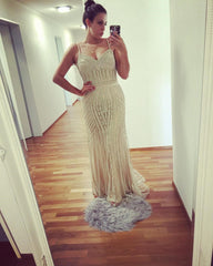 V Neck Long Tulle Mermaid Evening Dresses With Gold Beading