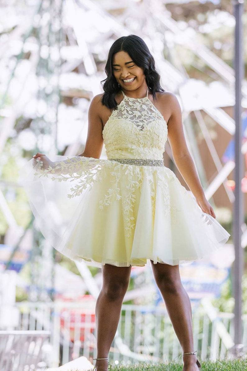 Yellow tulle lace short prom dress yellow homecoming dress - RongMoon
