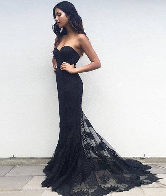 Black sweetheart neck lace train long prom dress, black evening dress - RongMoon