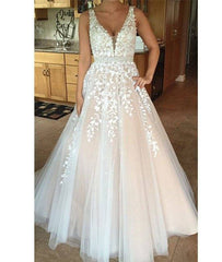custom made v neck lace tulle long prom dress, formal dress - RongMoon