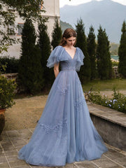 Blue A line tulle long prom dress blue formal party dress - RongMoon