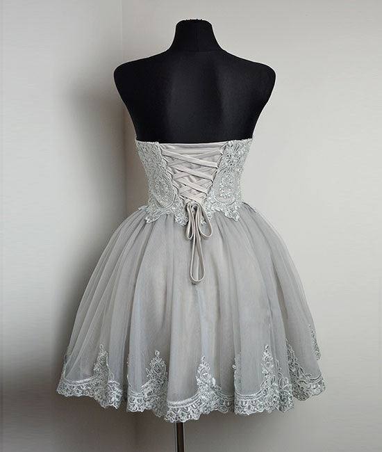 Cute gray tulle lace short prom dress, gray homecoming dress - RongMoon