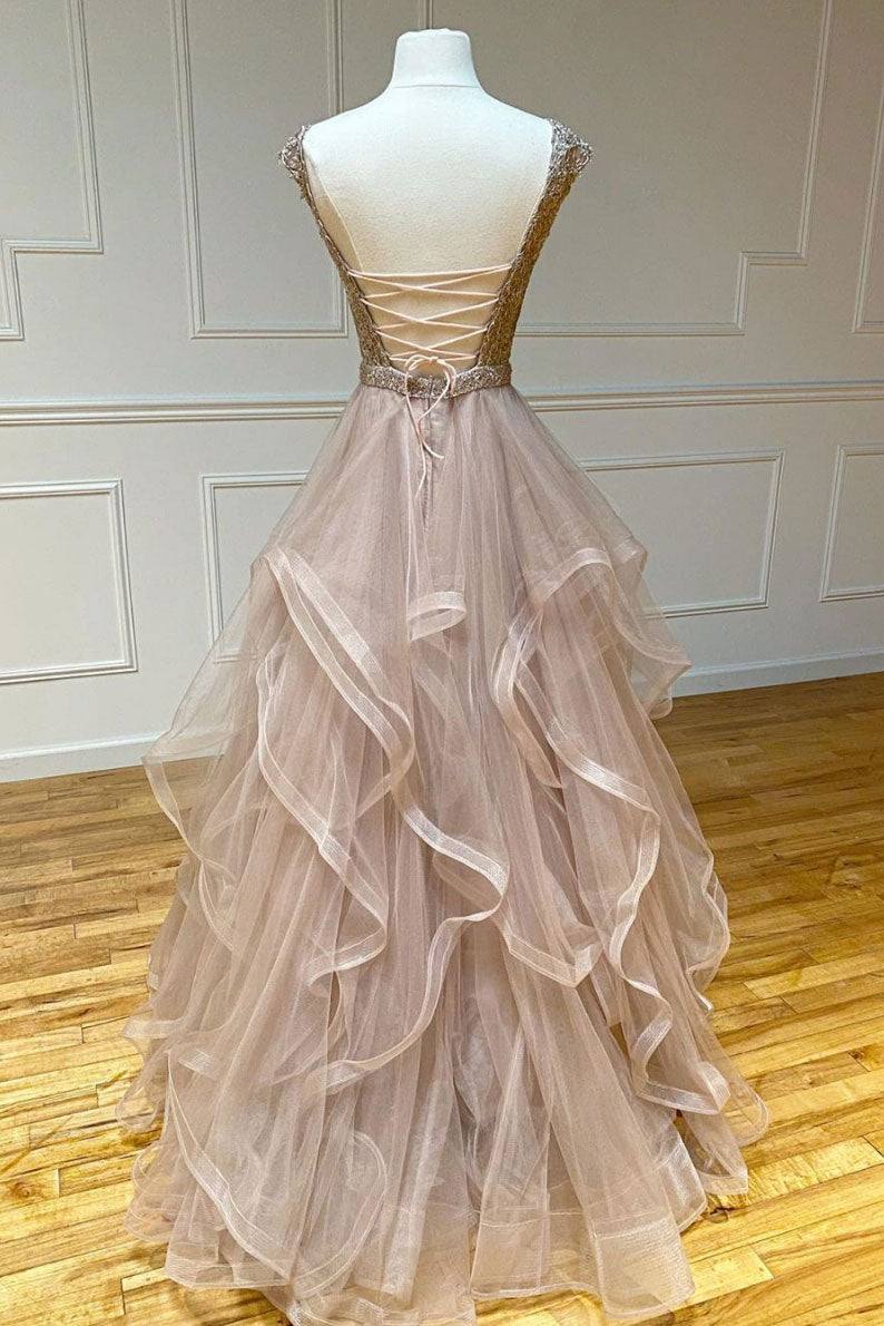 Champagne round neck tulle lace long prom dress evening dress - RongMoon