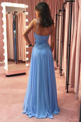Blue chiffon long prom dress blue chiffon evening dress - RongMoon