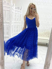 Blue v neck tulle tea length prom dress, blue tulle formal dress - RongMoon