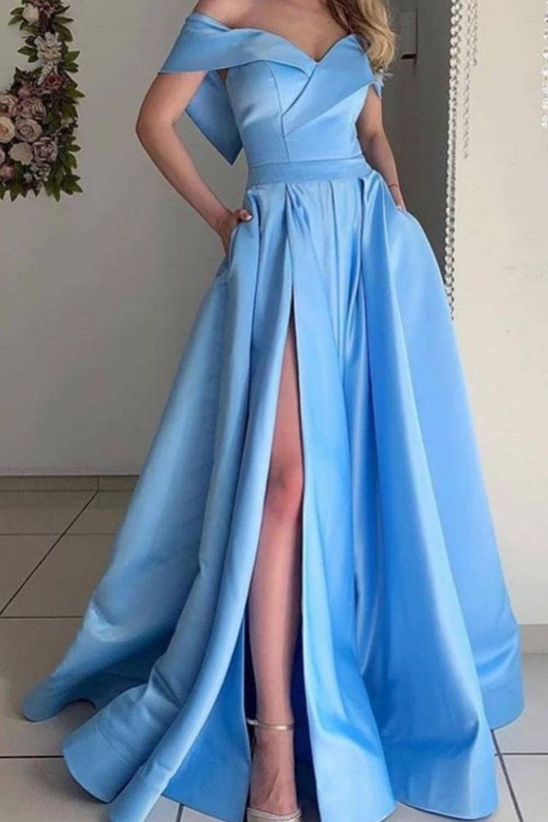 Simple off shoulder satin long blue prom dress, blue evening dress - RongMoon
