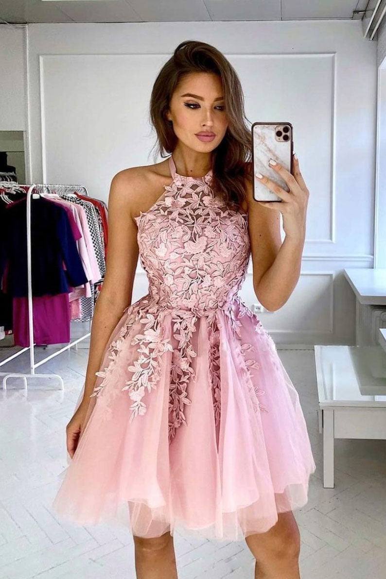 champagne tulle lace short prom dress lace cocktail dress - RongMoon