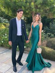 Simple v neck green mermaid long prom dress, green bridesmaid dress - RongMoon