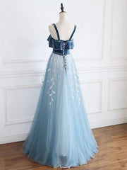 Blue tulle lace long prom dress, blue tulle formal dress - RongMoon