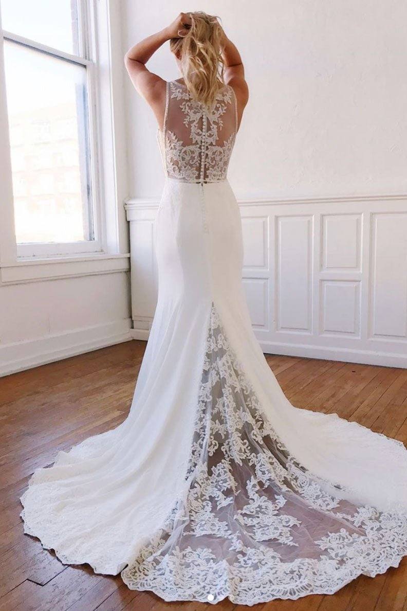 White v neck lace mermaid long prom dress white formal dress - RongMoon