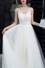 White lace tulle long prom dress white tulle lone evening dress - RongMoon