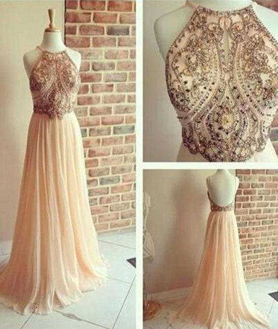 A line Chiffon Backless Beading, Sequin Long Prom Dresses - RongMoon