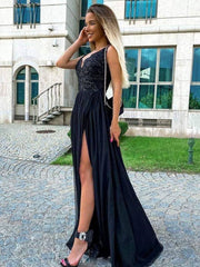 Black v neck chiffon  lace long prom dress, black evening dress - RongMoon