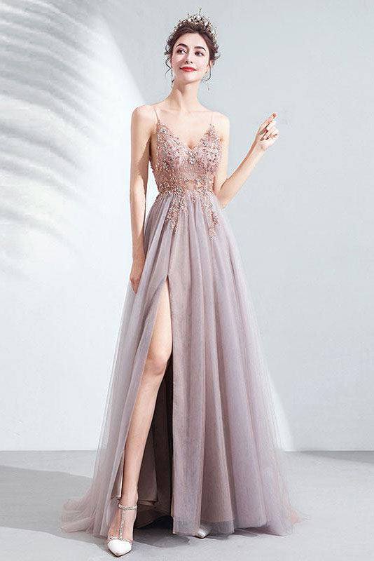 Elegant v neck tulle beads long prom dress tulle formal dress - RongMoon