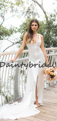 Simple V-neck Sleeveless Mermaid Side Slit Long Wedding Dresses, DB10744