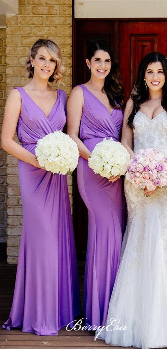 V-neck Purple Jersey Sheath Long Bridesmaid Dresses - RongMoon