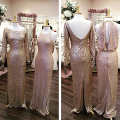 Long Sleeves Gold Sequin Bridesmaid Dresses