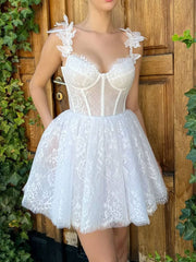 White Lace Mini/Short Prom Dresses, White Lace Homecoming Dresses - RongMoon