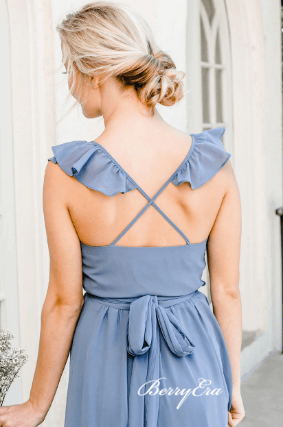 V-neck Ruffled A-line Blue Bridesmaid Dresses - RongMoon