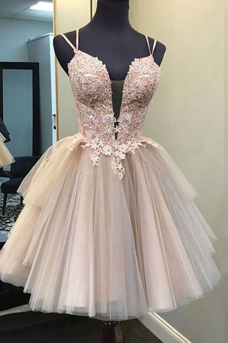 Champagne v neck tulle lace short prom dress lace homecoming dress - RongMoon